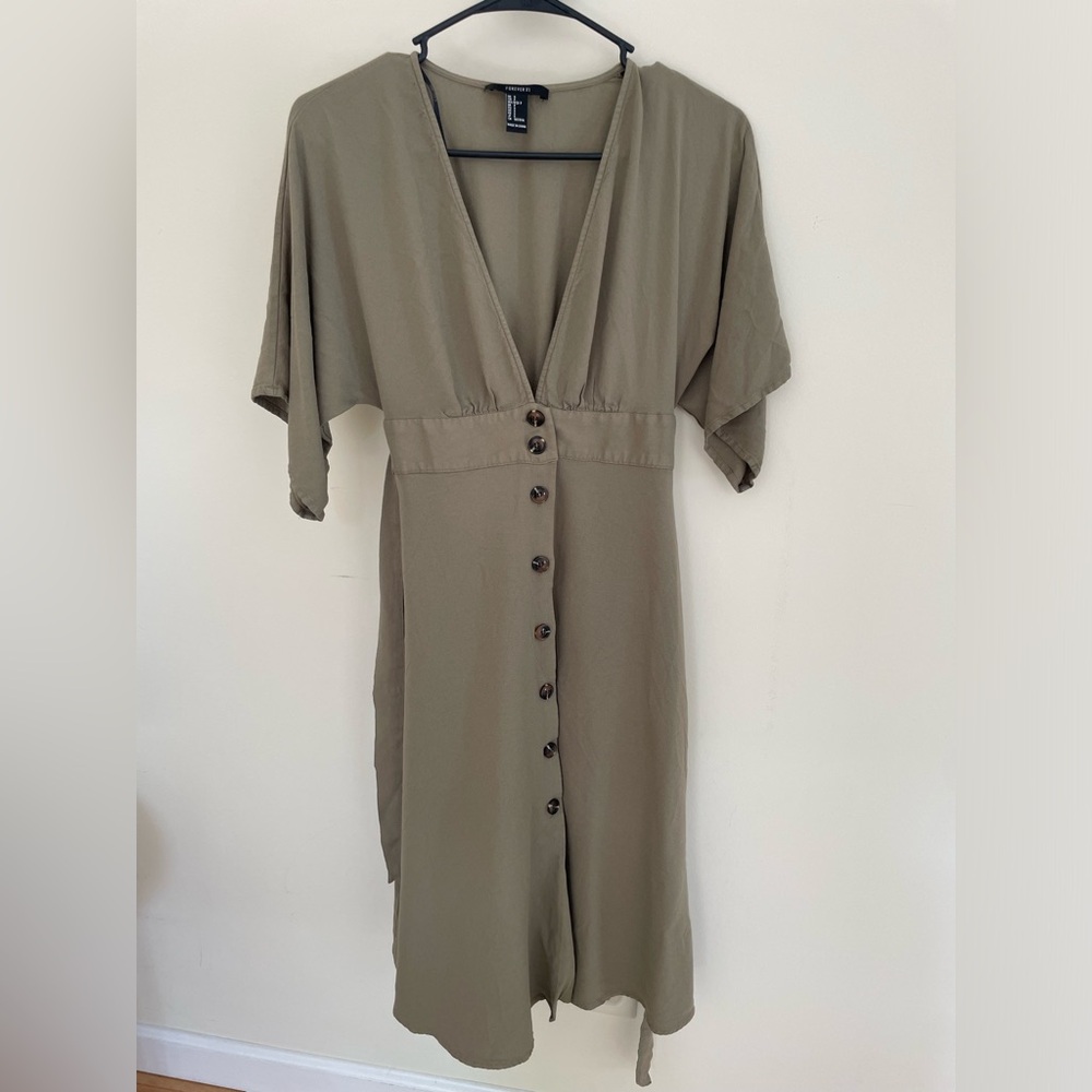 Forever 21 A-line Army Green Midi Button Dress